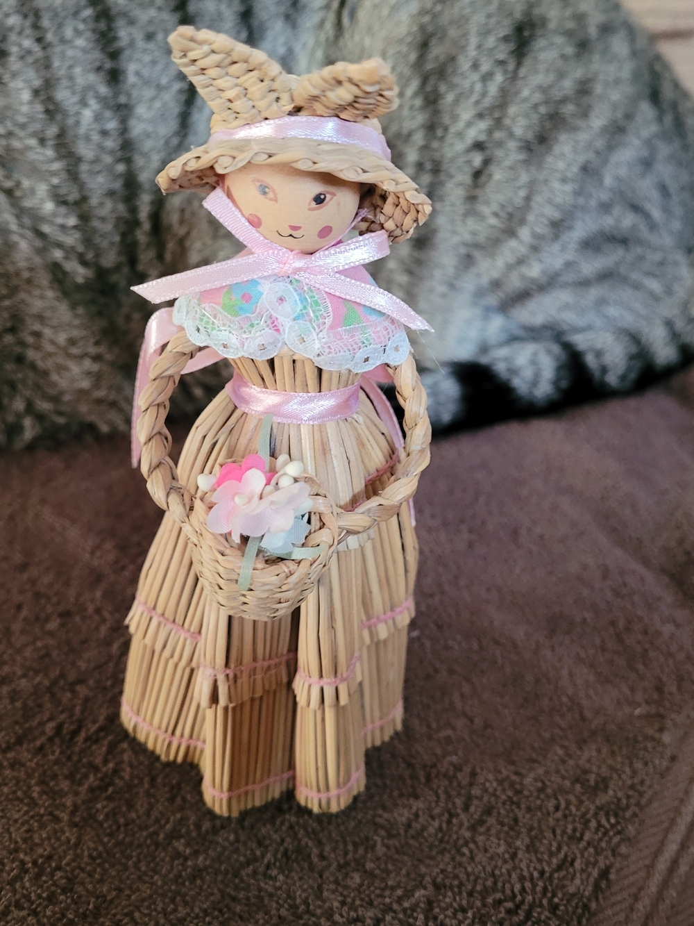 Natural Straw Doll Hair Clip with Pink Ribbon Accent